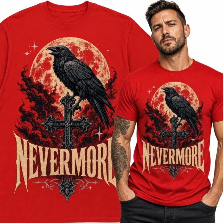 Koszulka męska z krukiem na gotyckim krzyżu „Nevermore” - krwawy księżyc