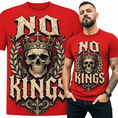 Koszulka męska „No Kings” - czaszka w królewskiej koronie i laurowym wieńcu