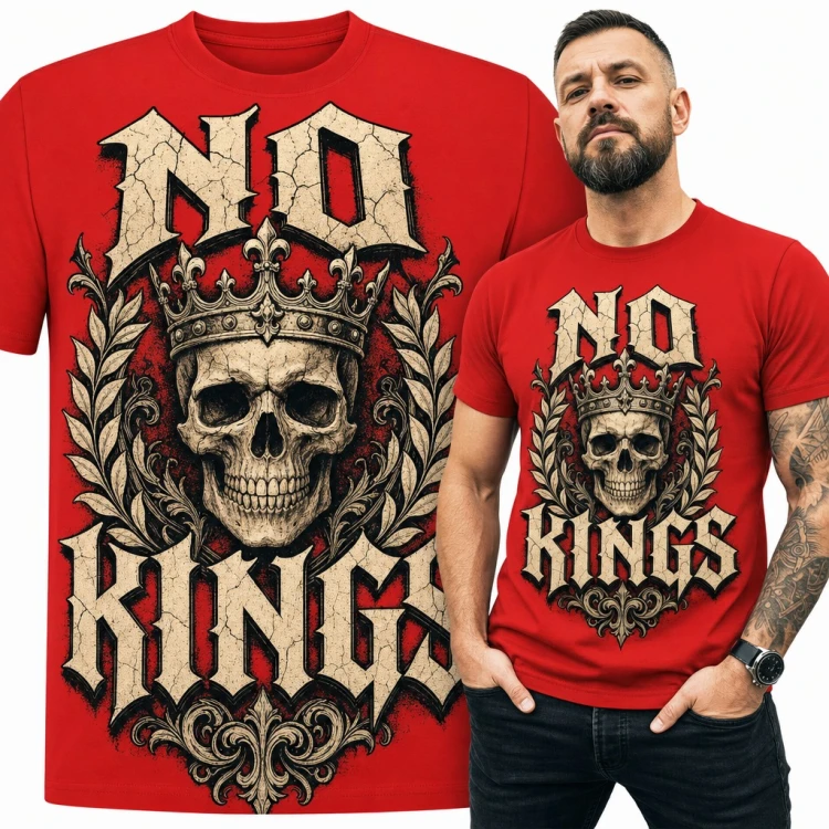 Koszulka męska „No Kings” - czaszka w królewskiej koronie i laurowym wieńcu