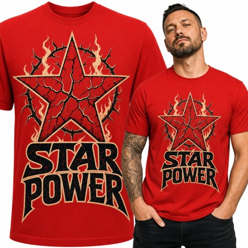 Koszulka męska „Star Power” - popękana gwiazda w płomieniach i drucie kolczastym