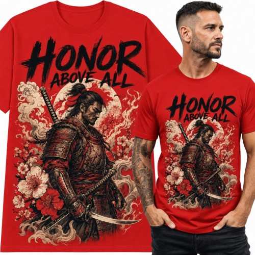 Koszulka męska „Honor above all” - samuraj z kataną i sakura