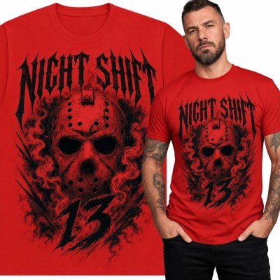 Koszulka męska z maską z horroru i napisem „Night Shift 13”