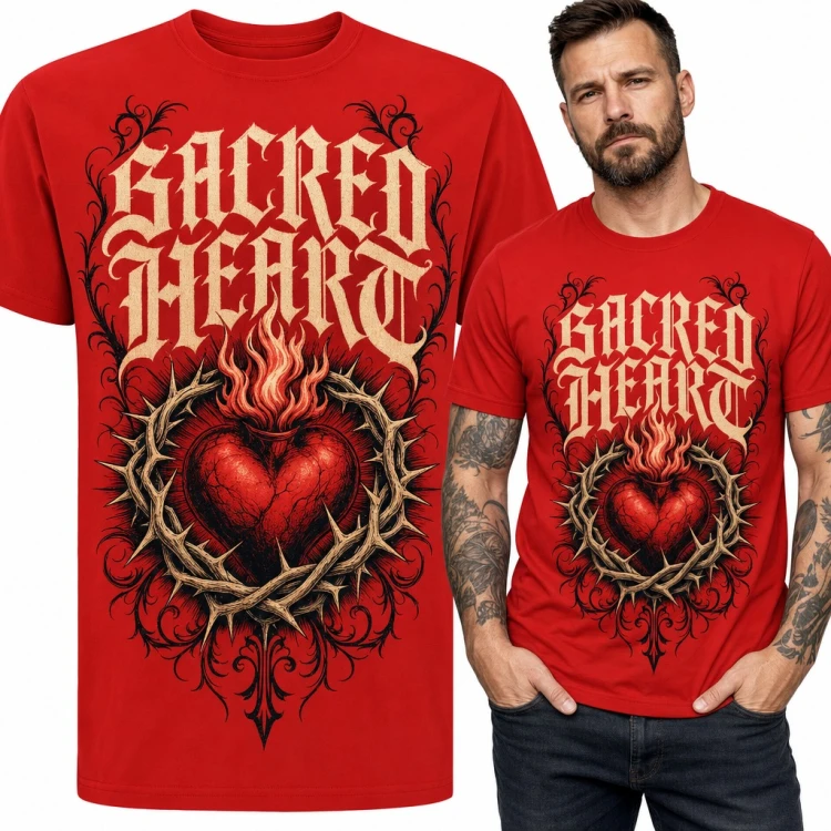 Koszulka męska „Sacred Heart” - serce w koronie cierniowej i gotycki napis