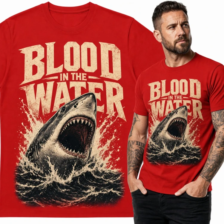 Koszulka męska z rekinem „Blood in the Water” - paszcza wśród fal