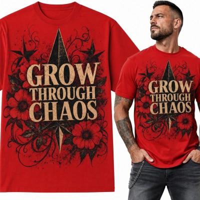 Koszulka męska „Grow through chaos” - kwiaty i gwiazdy w stylu grunge