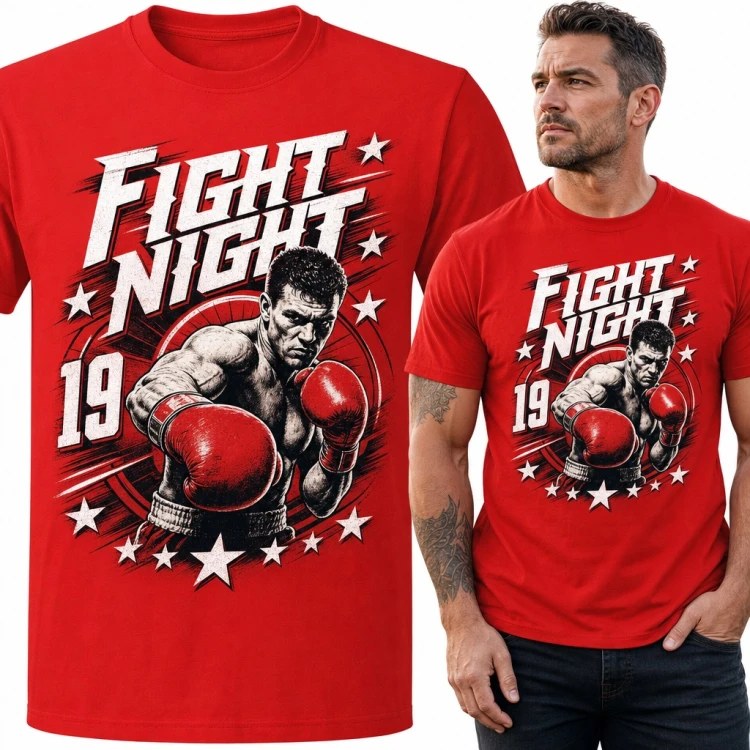 Koszulka męska bokser w czerwonych rękawicach „Fight Night” - retro plakat dla fana boksu