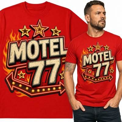 Koszulka męska „Motel 77” - neonowy szyld retro z płomieniami i gwiazdami