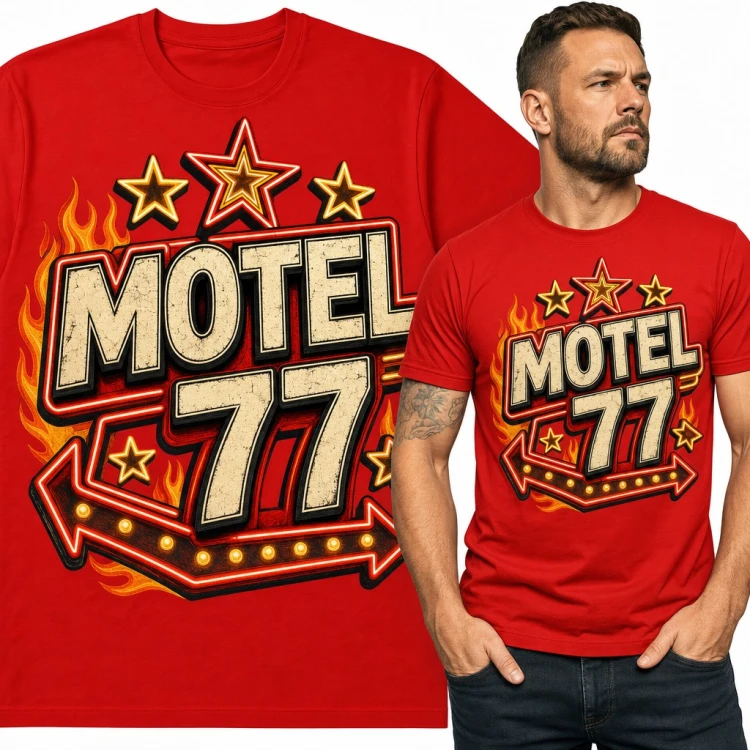 Koszulka męska „Motel 77” - neonowy szyld retro z płomieniami i gwiazdami