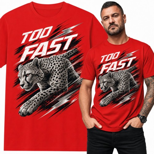 Koszulka męska z gepardem w biegu „Too fast” i błyskawicami