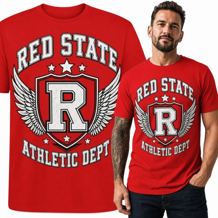 Koszulka męska „Red State Athletic Dept” - herb college z literą R i skrzydłami