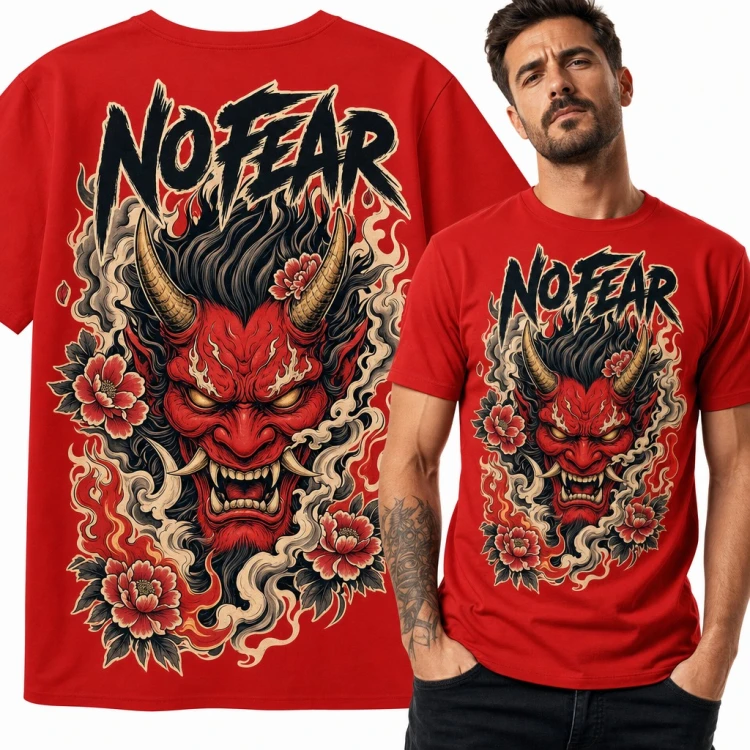 Koszulka męska „No fear” - maska demona Oni z piwoniami w stylu irezumi