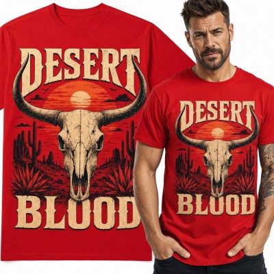 Koszulka męska „Desert Blood” - czaszka byka na pustyni w stylu western