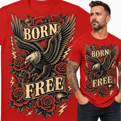 Koszulka męska „Born Free” - orzeł bielik wśród róż w stylu tatuażu old school