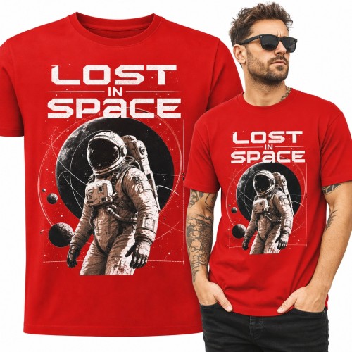 Koszulka męska „Lost in Space” - astronauta w skafandrze na tle planety