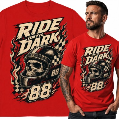 Koszulka męska „Ride until dark” - czaszka w kasku motocyklowym z numerem 88