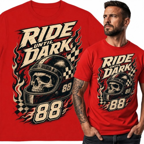 Koszulka męska „Ride until dark” - czaszka w kasku motocyklowym z numerem 88