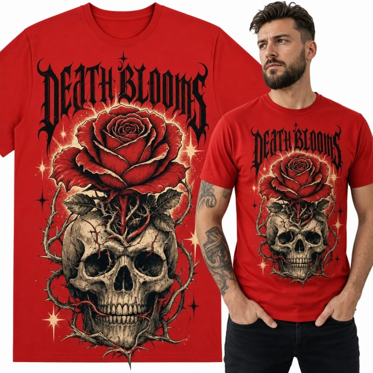 Koszulka męska „Death Blooms” - czaszka z różą w cierniach