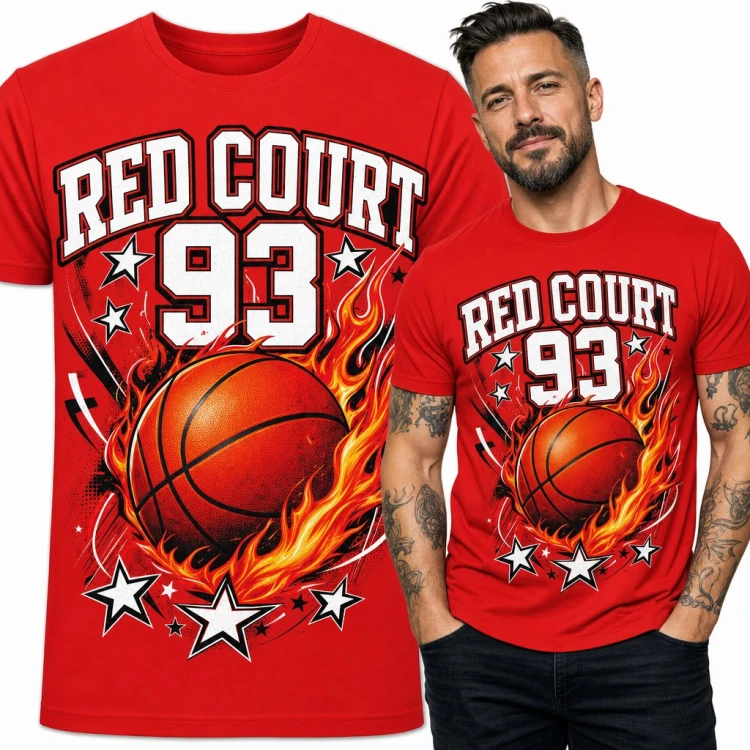 Koszulka męska koszykarska „Red Court 93” - płonąca piłka do kosza i gwiazdy