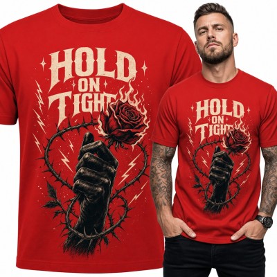 Koszulka męska „Hold on tight” - płonąca róża w dłoni i ciernie