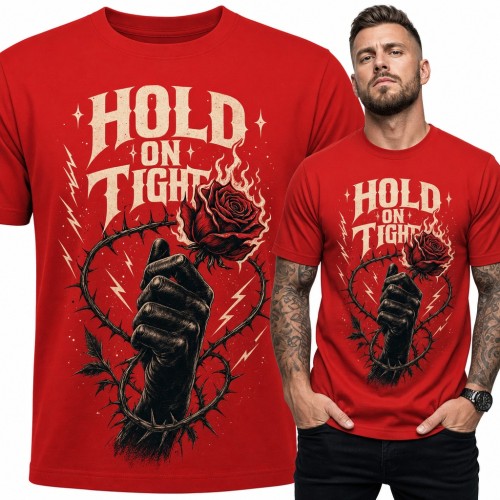 Koszulka męska „Hold on tight” - płonąca róża w dłoni i ciernie