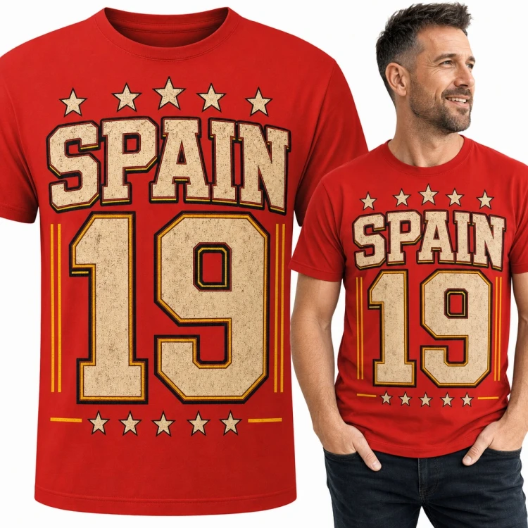 Koszulka męska „Spain 19” - sportowy numer w gwiazdach dla kibica Hiszpanii