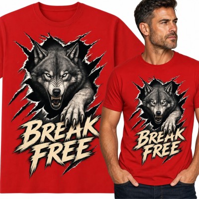 Koszulka męska z wilkiem wyrywającym się przez rozdarcie - „Break free”