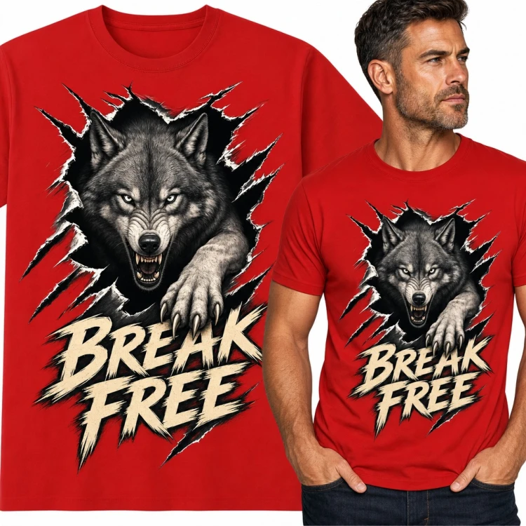 Koszulka męska z wilkiem wyrywającym się przez rozdarcie - „Break free”