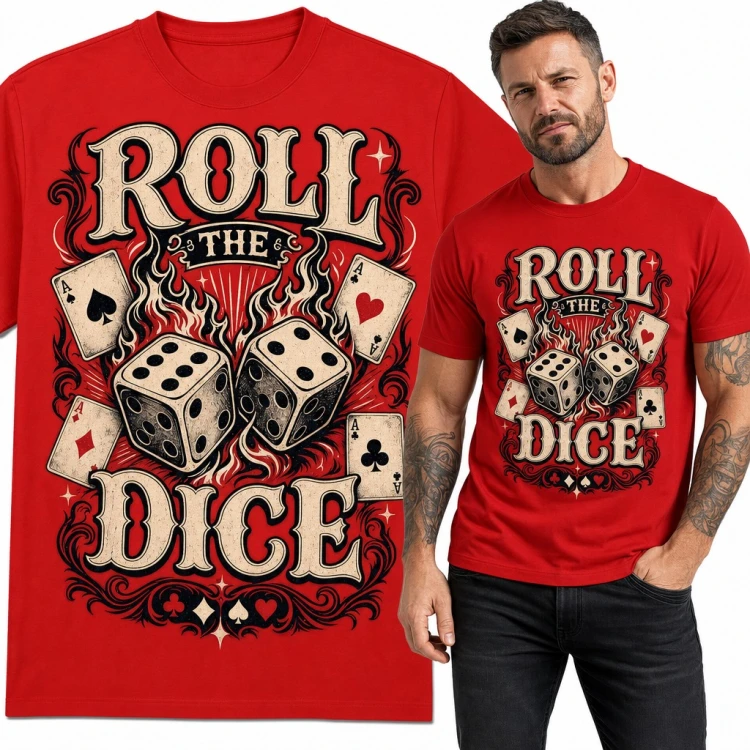Koszulka męska „Roll the dice” - płonące kości i asy dla pokerzysty