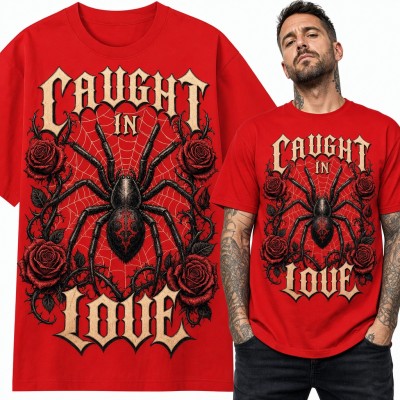 Koszulka męska „Caught in Love” - gotycki pająk w pajęczynie i czerwone róże