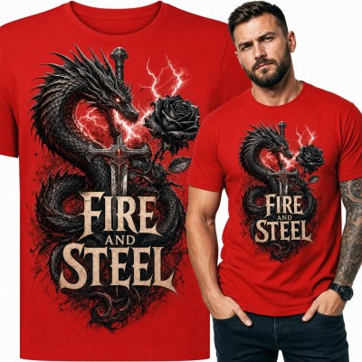 Koszulka męska ze smokiem i mieczem „Fire and Steel” - czarna róża dla fana fantasy