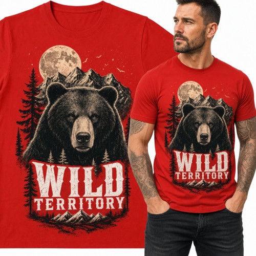 Koszulka męska z niedźwiedziem „Wild Territory” - góry, las i księżyc
