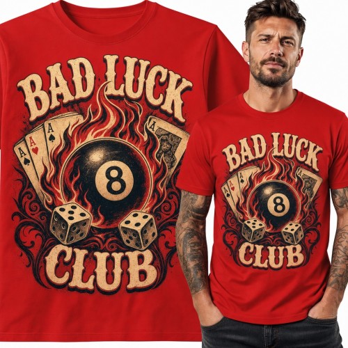 Koszulka męska „Bad Luck Club” - płonąca bila 8, asy i kości dla pokerzysty