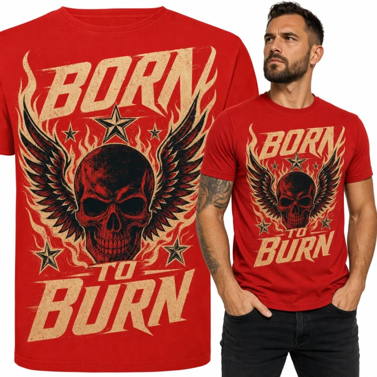 Koszulka męska „Born to Burn” - czaszka ze skrzydłami w płomieniach