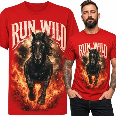 Koszulka męska „Run Wild” - czarny koń w galopie przez ogień