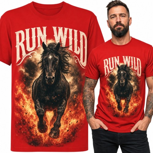 Koszulka męska „Run Wild” - czarny koń w galopie przez ogień