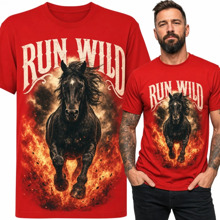 Koszulka męska „Run Wild” - czarny koń w galopie przez ogień