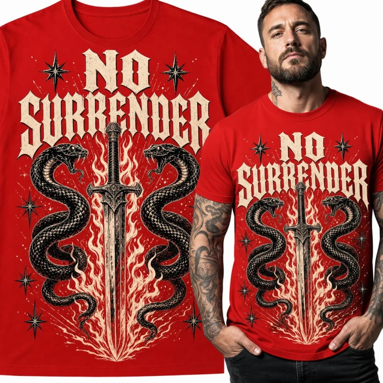 Koszulka męska „No surrender” - miecz w płomieniach i dwa węże w stylu tattoo
