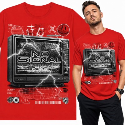 Koszulka męska „No Signal” - retro telewizor z błyskawicami w stylu glitch