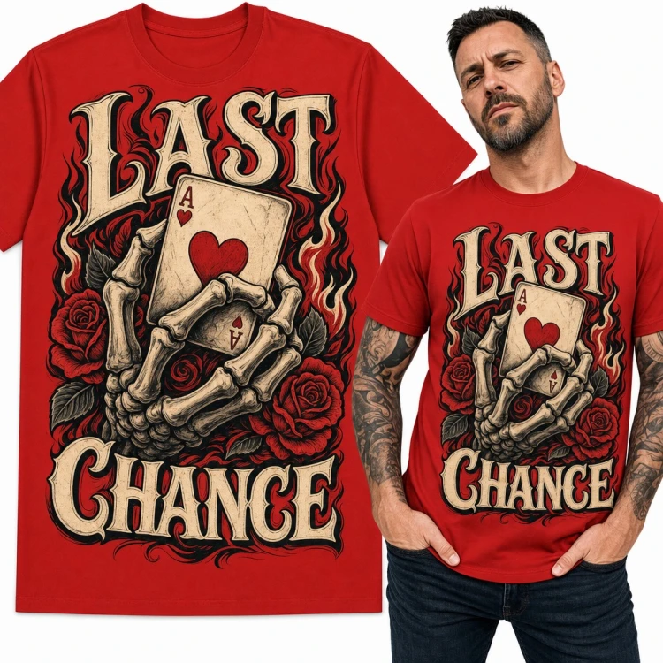 Koszulka męska „Last chance” - szkielet z asem kier i różami dla pokerzysty