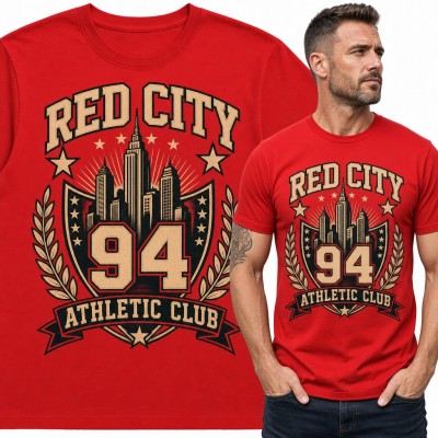 Koszulka męska „Red City 94 Athletic Club” - herb z wieżowcami w stylu college