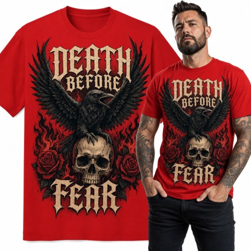 Koszulka męska „Death before fear” - kruk na czaszce wśród róż i płomieni