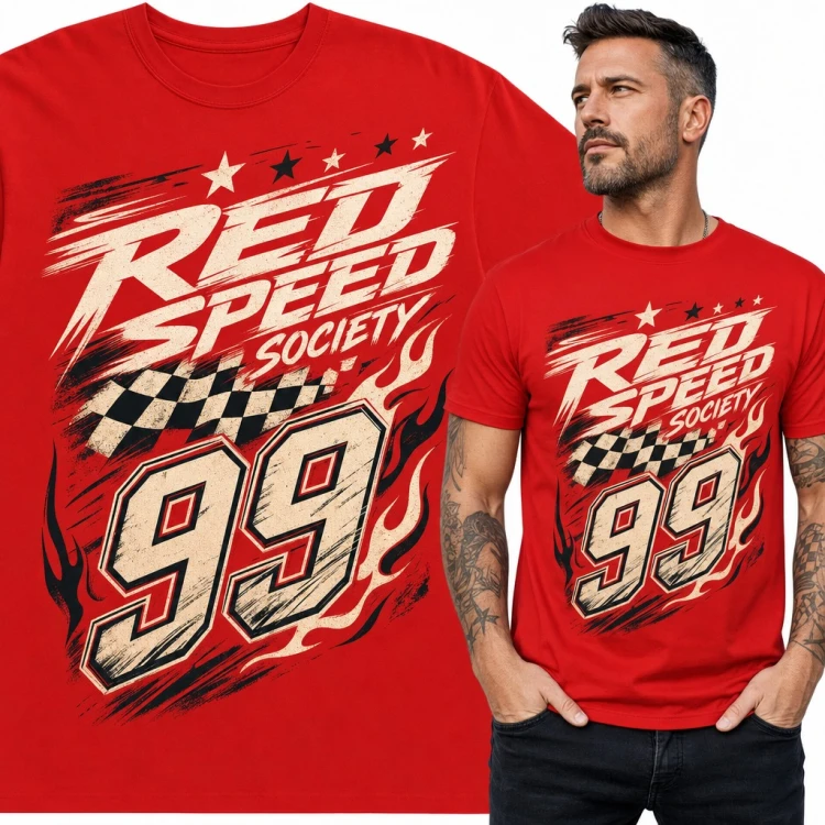 Koszulka męska „Red Speed Society” - wyścigowy numer 99 z flagą i płomieniami
