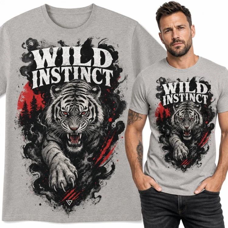 Koszulka męska z białym tygrysem w skoku „Wild Instinct” - ślady pazurów