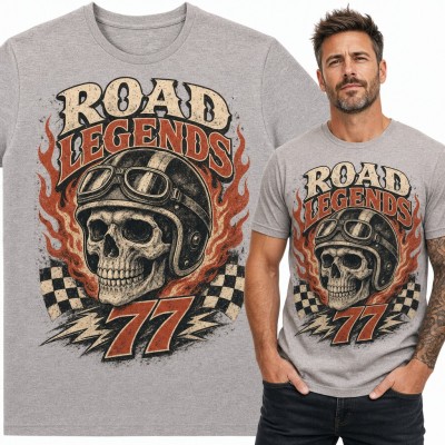 Koszulka męska motocyklowa „Road Legends 77” - czaszka w kasku z goglami
