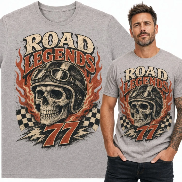 Koszulka męska motocyklowa „Road Legends 77” - czaszka w kasku z goglami