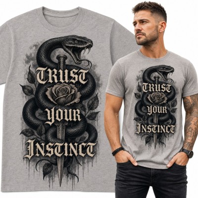 Koszulka męska z wężem, sztyletem i różą „Trust your instinct” - gotycki wzór tattoo