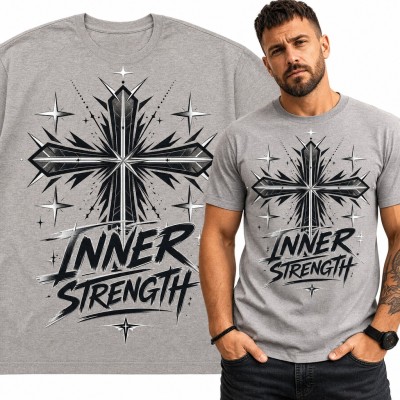 Koszulka męska z krzyżem i gwiazdami „Inner Strength” - religijny motyw streetwear