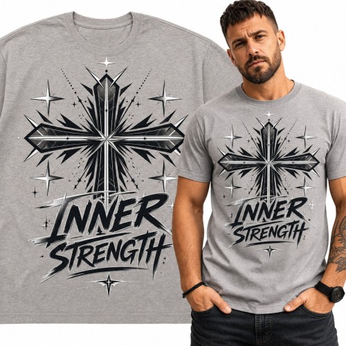 Koszulka męska z krzyżem i gwiazdami „Inner Strength” - religijny motyw streetwear