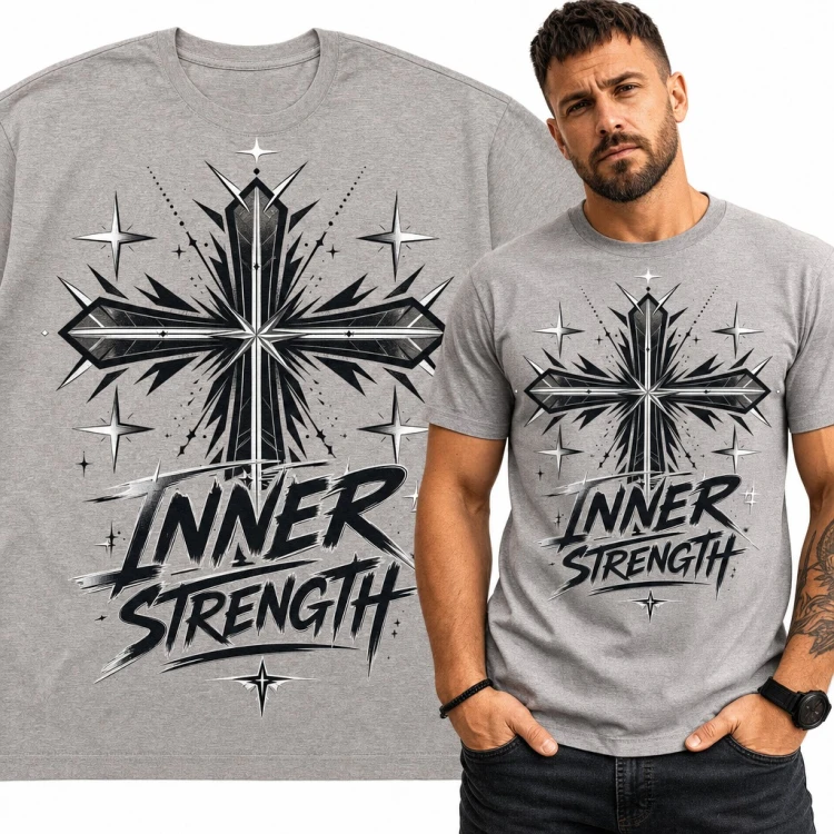 Koszulka męska z krzyżem i gwiazdami „Inner Strength” - religijny motyw streetwear