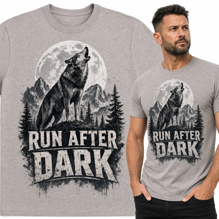 Koszulka męska z wyjącym wilkiem „Run after dark” - pełnia nad górami